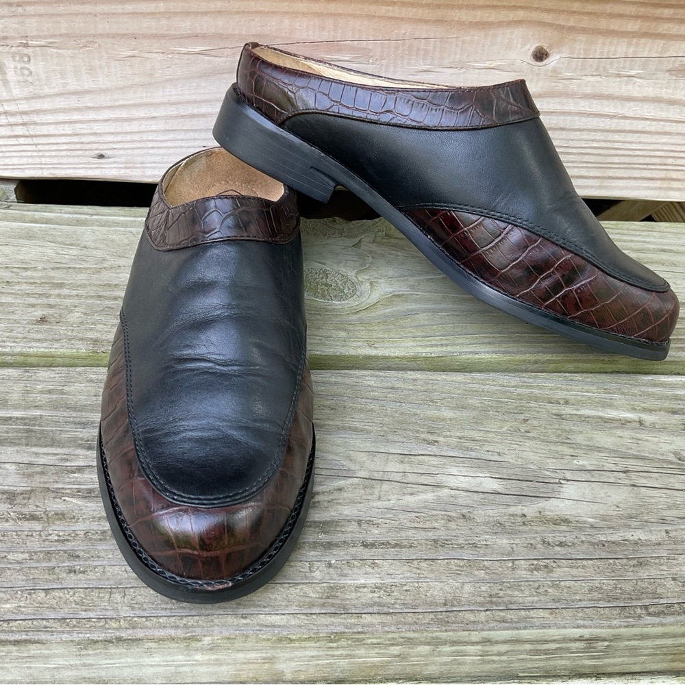 Ariat Leather Mule Black Brown Croc Embossed Two Tone Slip On Low Heel 8.5 B